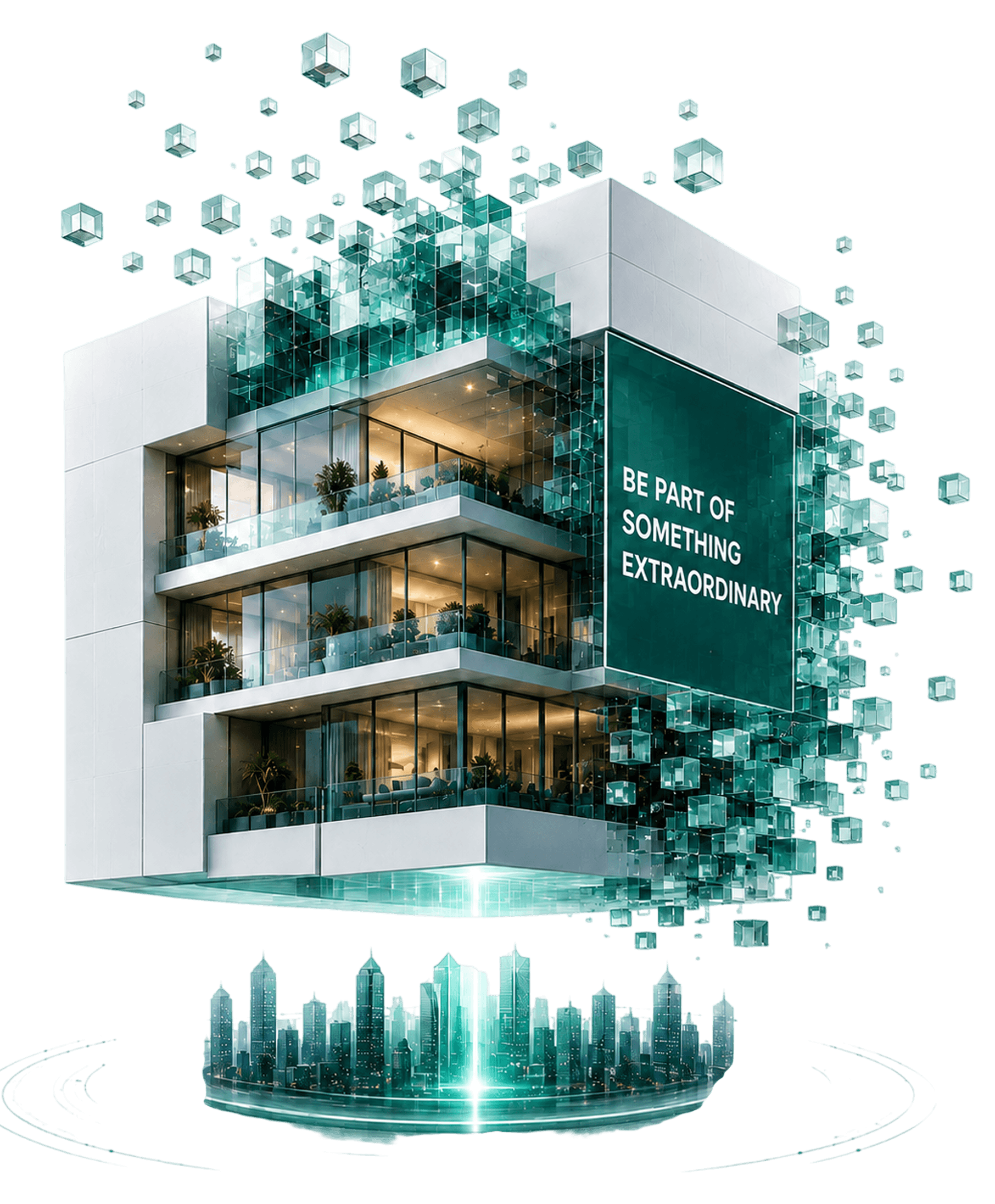 Modern fractional real estate building with digital voxel effects