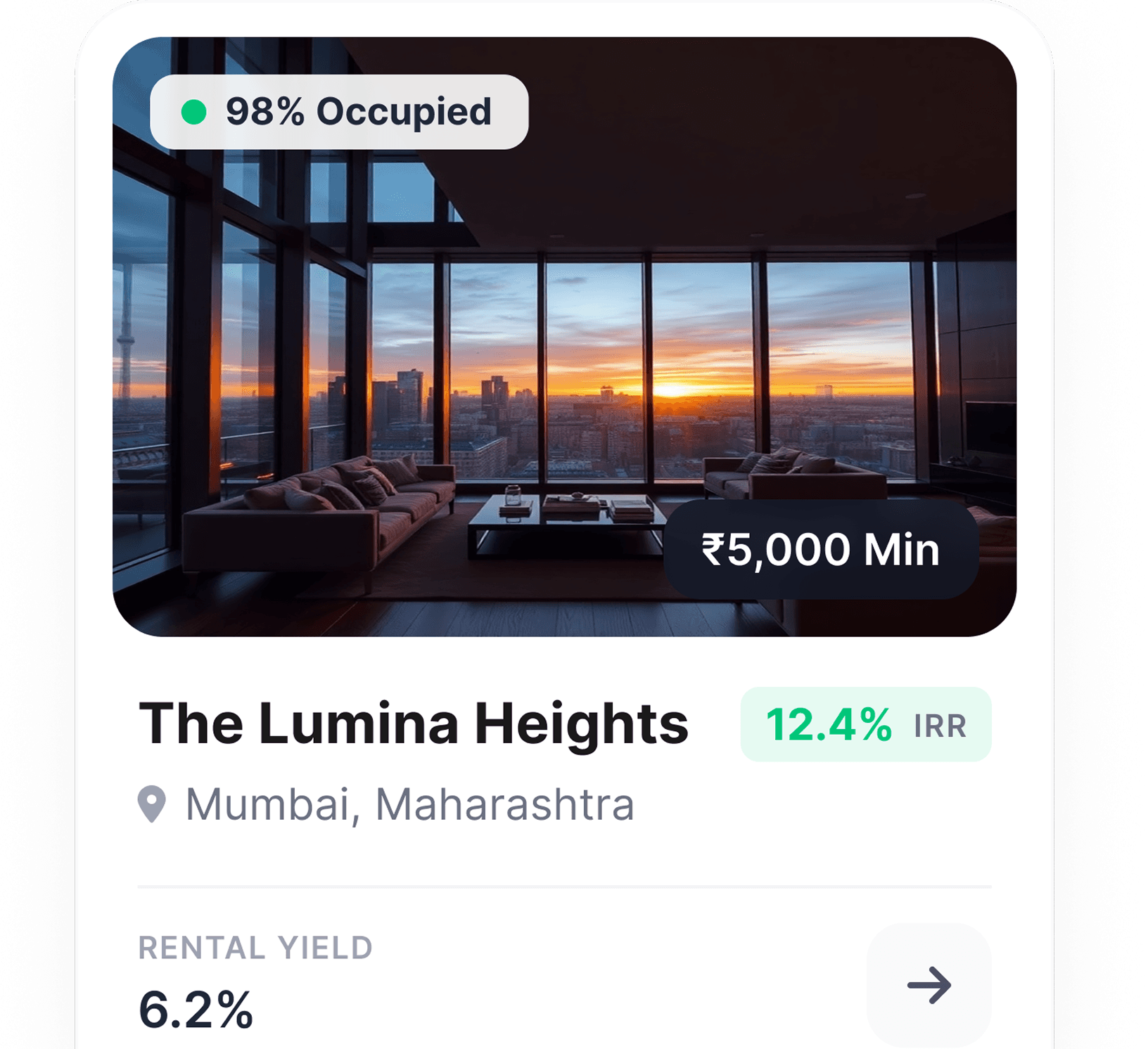 Property listing card with investment details